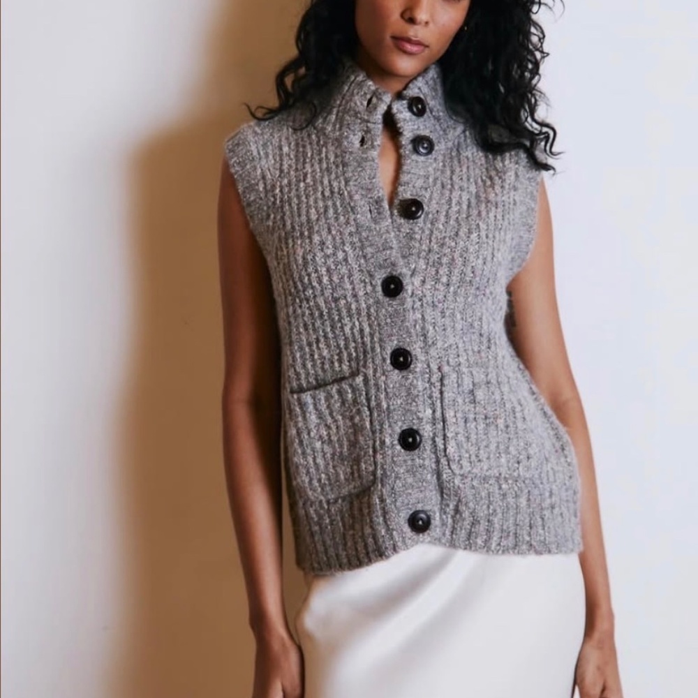 Autumn Cashmere Button Front Mock Neck Vest Stormy Size M